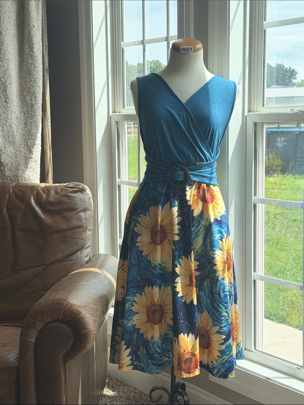Teal Sunflower Wrap Midi Dress
